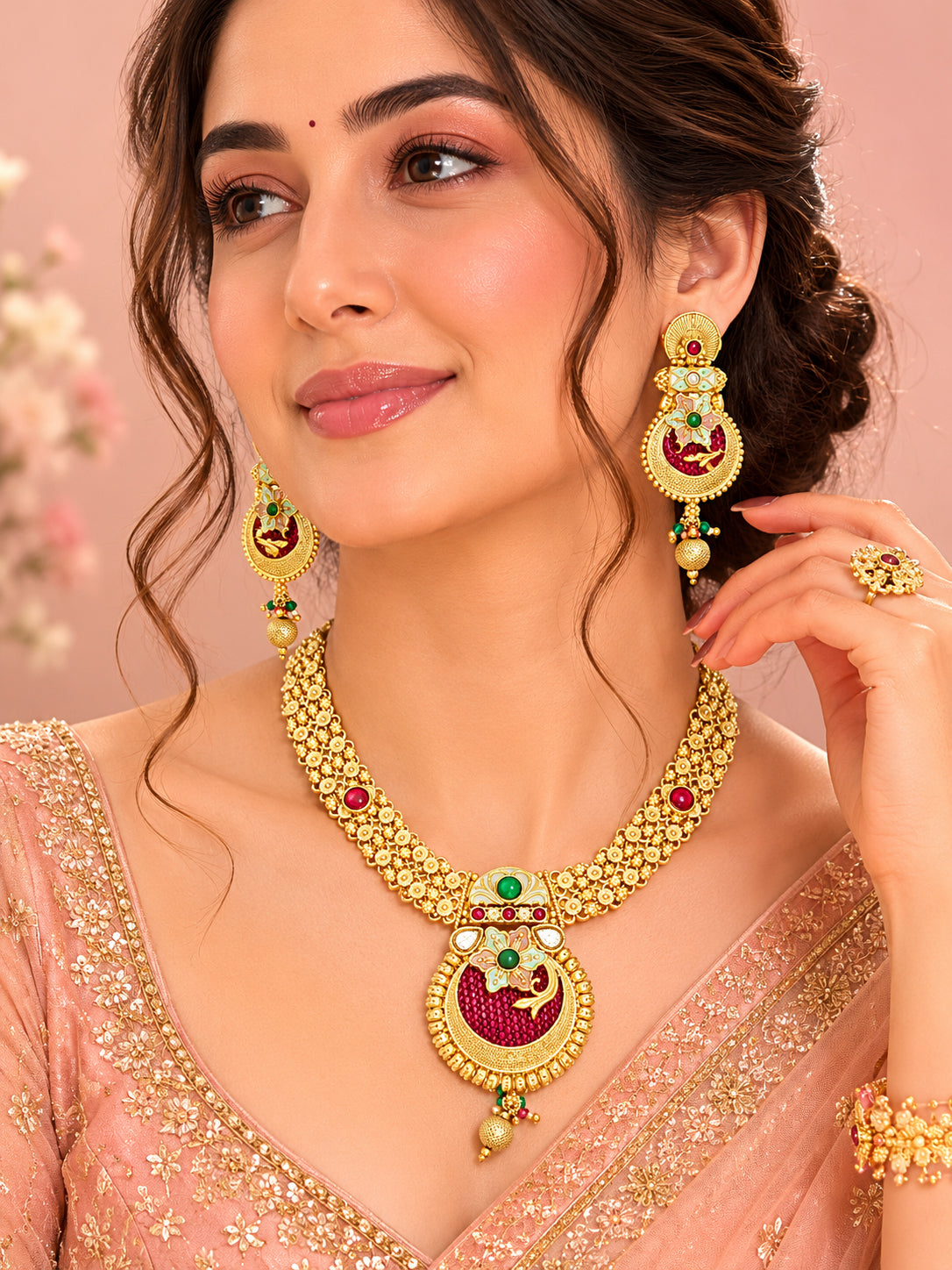 Aanura Temple Style Gold Necklace Set with Earrings