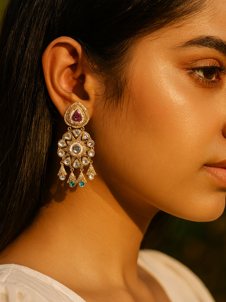 Aanura Gold Kundan Earrings with Red & Green Stones