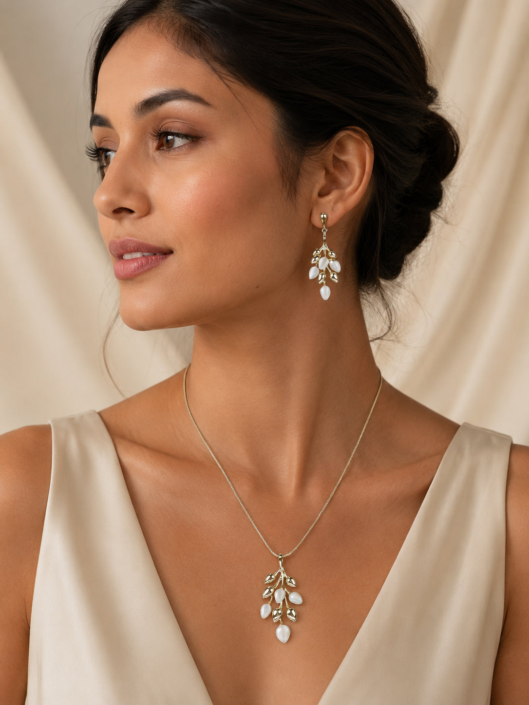 Aanura Golden Leaf Drop Necklace & Earrings Set