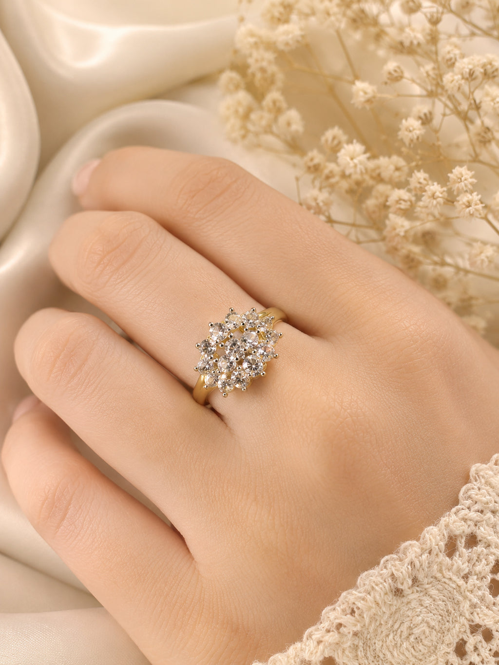 18K Gold-Plated Floral Diamond Cluster Ring – Anti-Tarnish, Waterproof