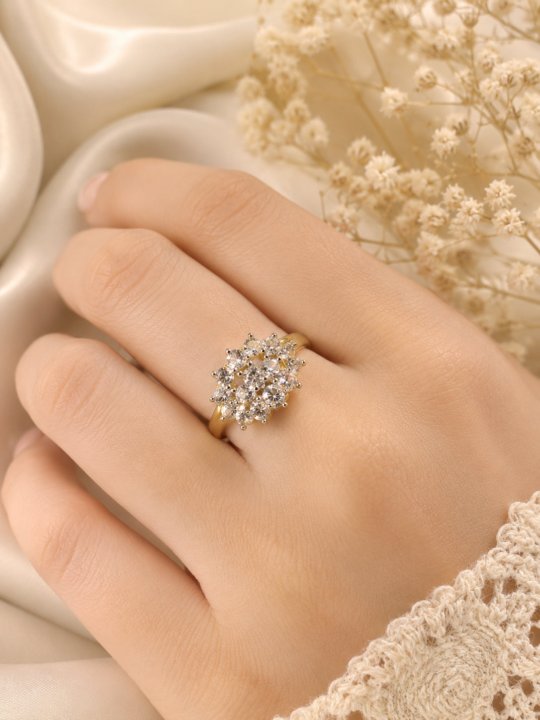 18K Gold-Plated Floral Diamond Cluster Ring – Anti-Tarnish, Waterproof