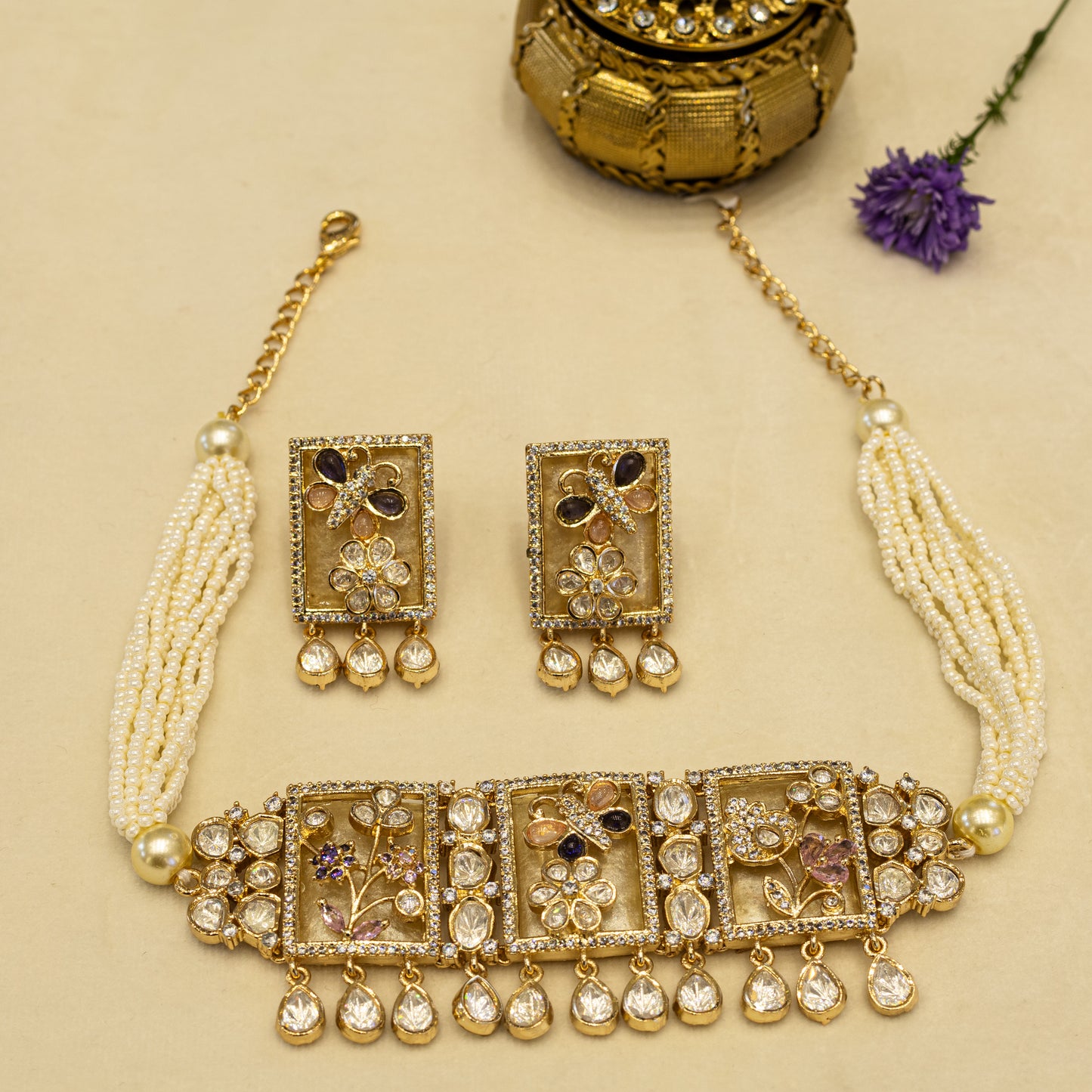 Aanura Floral Panel Choker Necklace Set