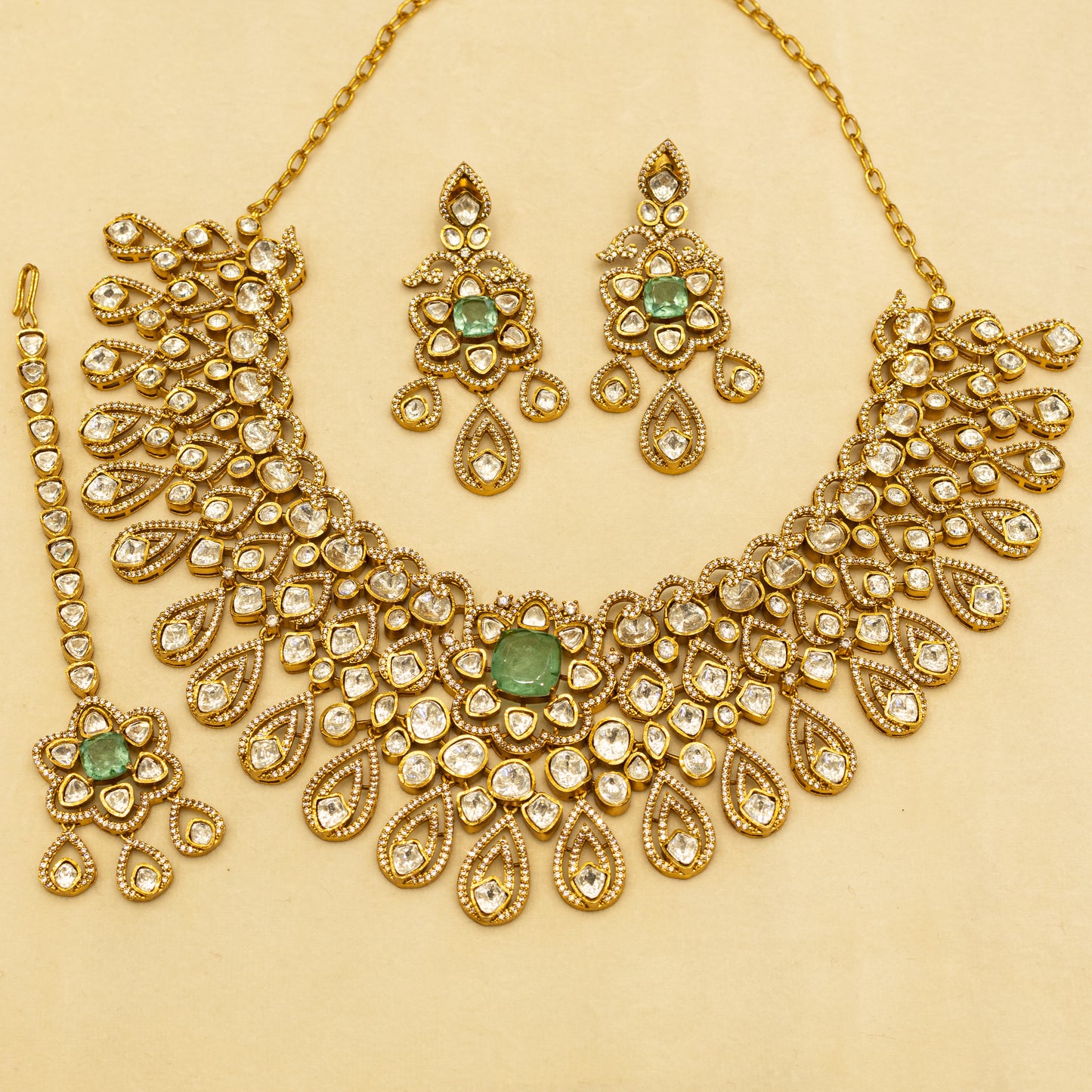 Aanura Bridal Emerald Kundan Necklace with Tikka Set