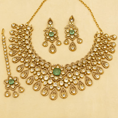 Aanura Bridal Emerald Kundan Necklace with Tikka Set