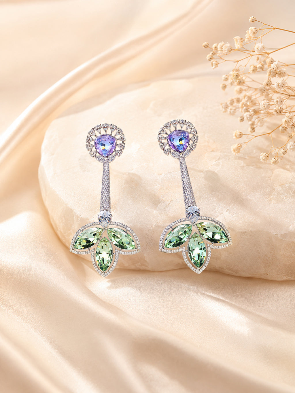 Aanura Iridescent & CZ Floral Dangle Earrings