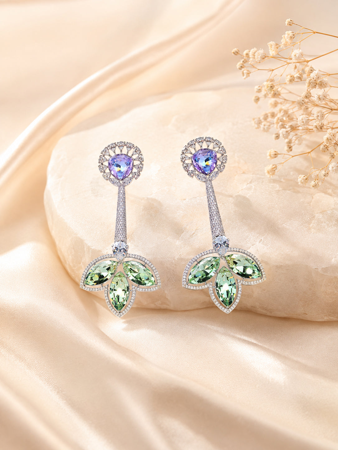 Aanura Iridescent & CZ Floral Dangle Earrings