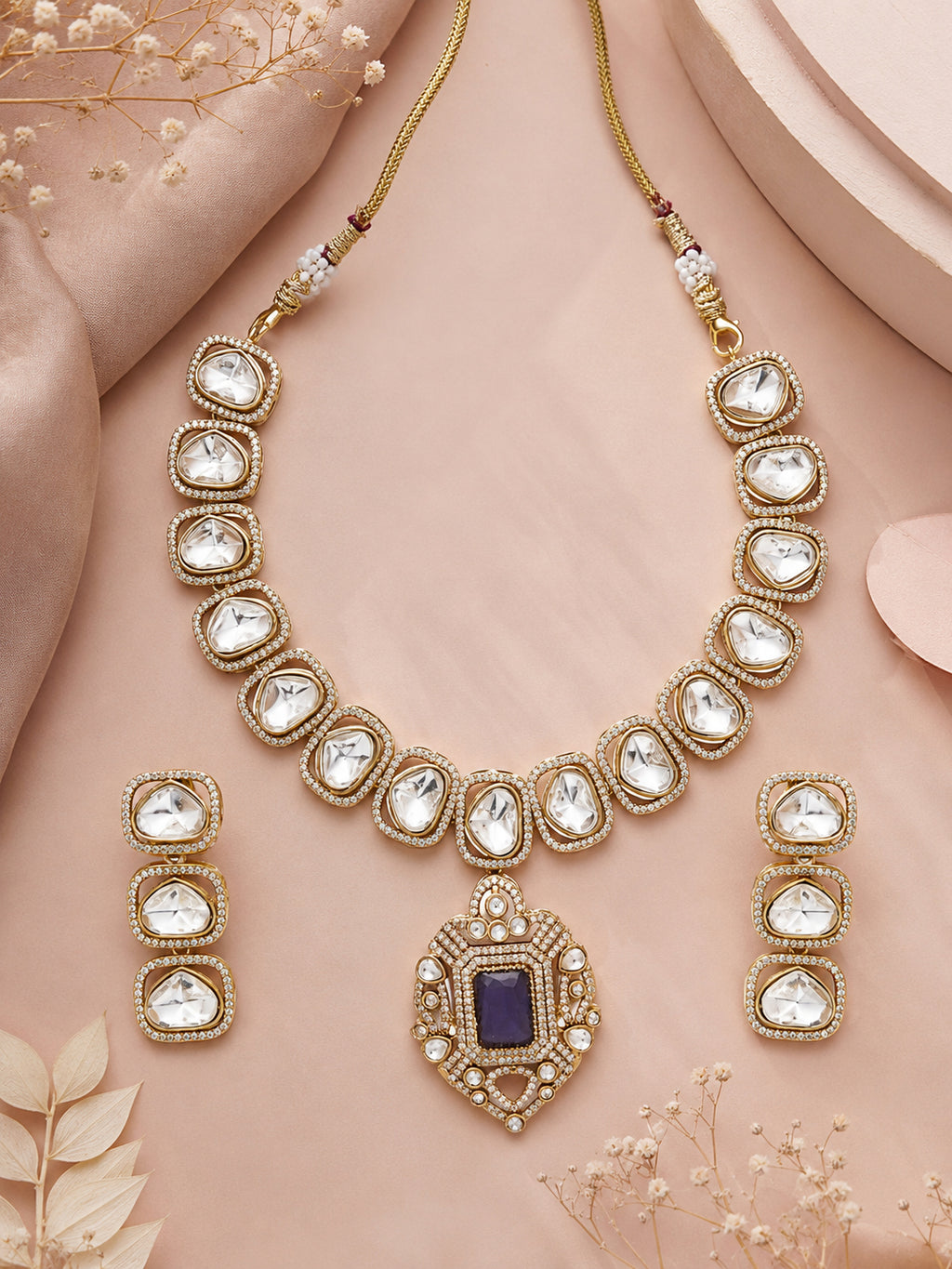Aanura Kundan Necklace with Pink Stone Heritage Pendant