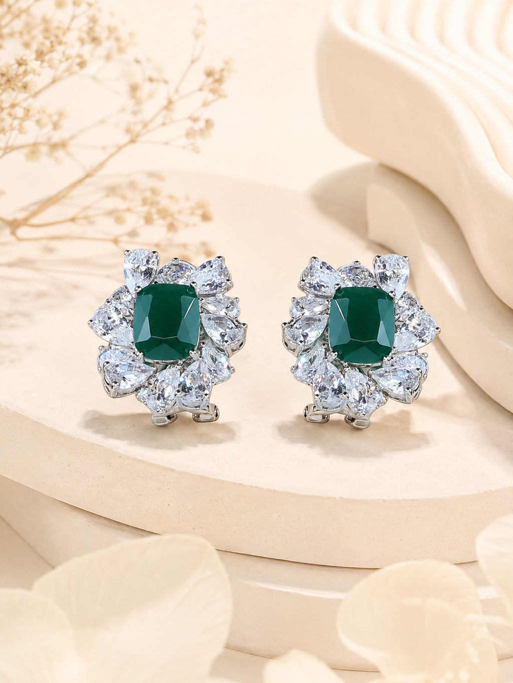 Aanura Red Gemstone Floral Halo Stud Earrings