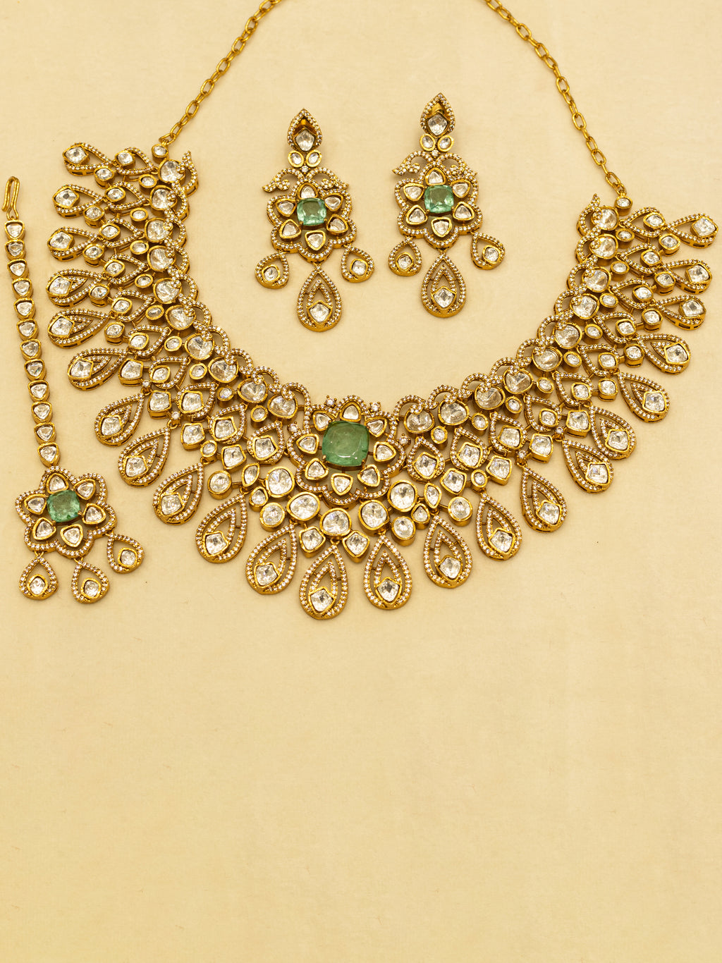 Aanura Bridal Emerald Kundan Necklace with Tikka Set