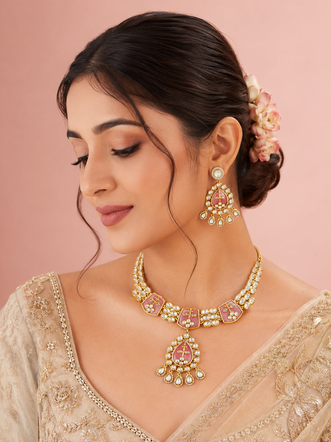 Aanura Green Kundan Pendant Necklace & Earrings Set