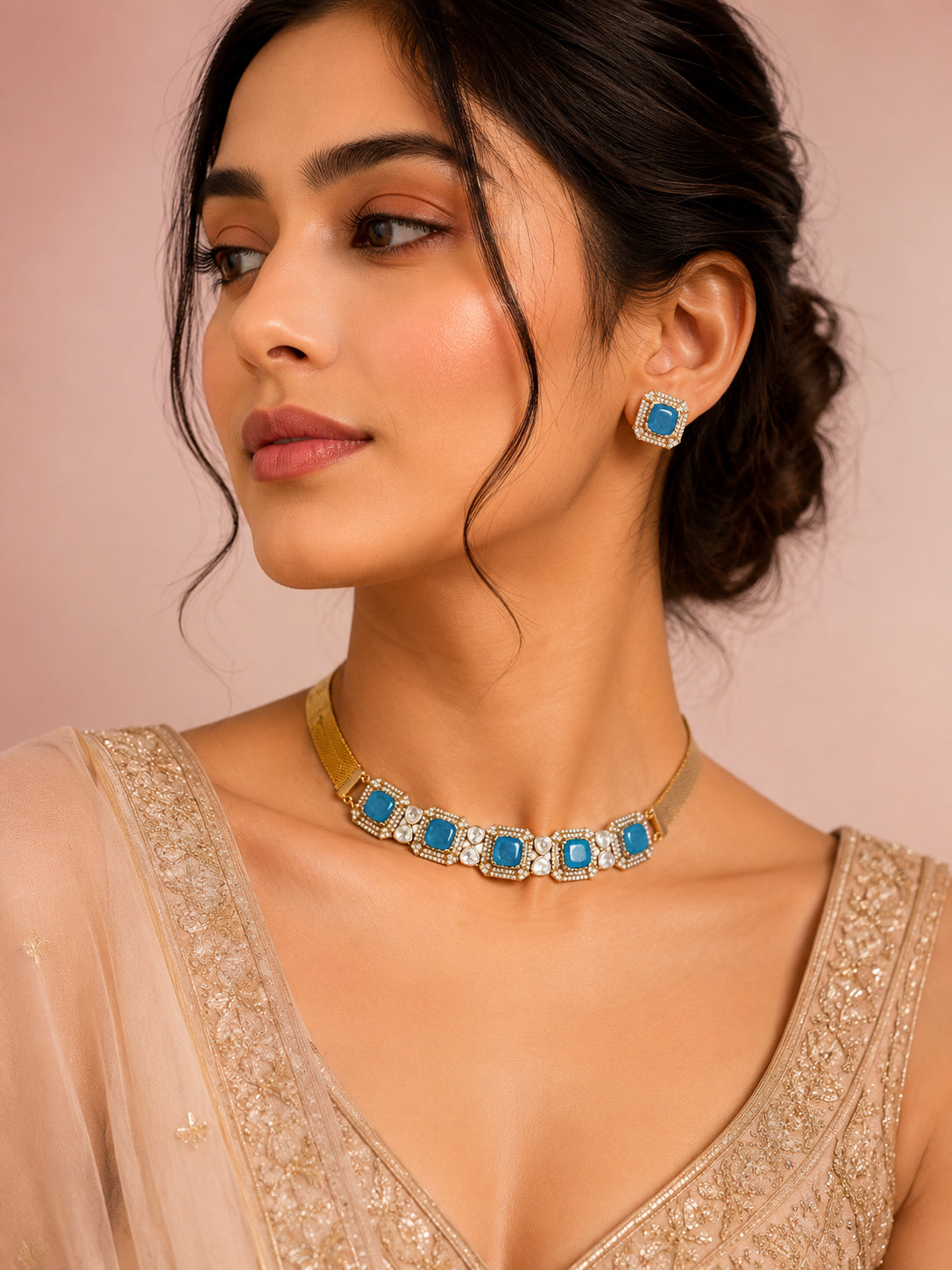 Aanura Green Square-Cut Stone Choker Necklace Set