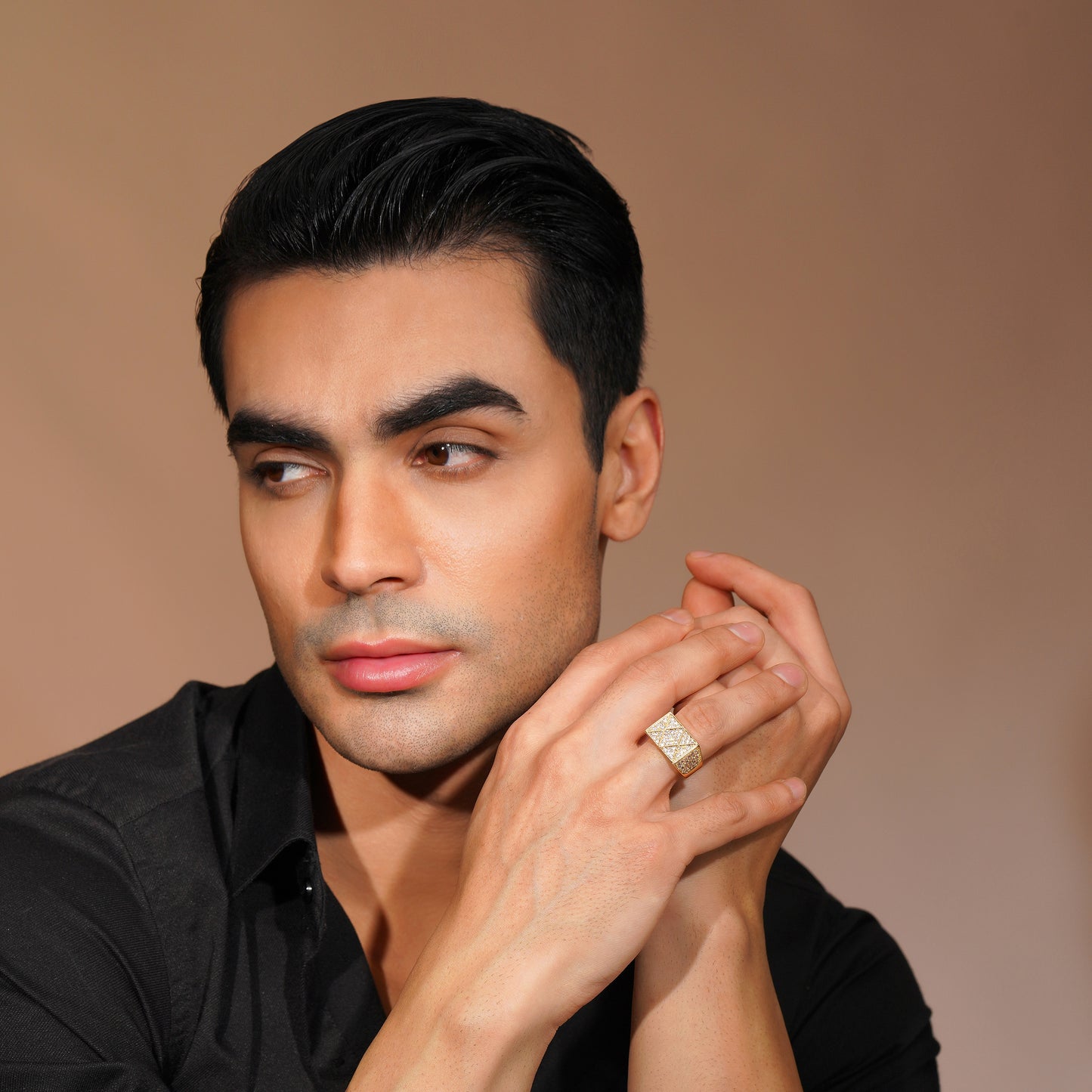 Aanura Gold-Plated Geometric Crystal Ring For Men's