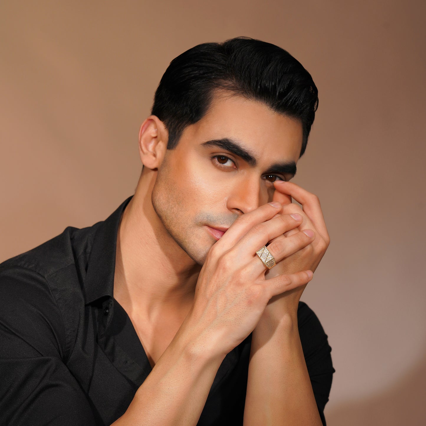 Aanura Gold-Plated Geometric Crystal Ring For Men's