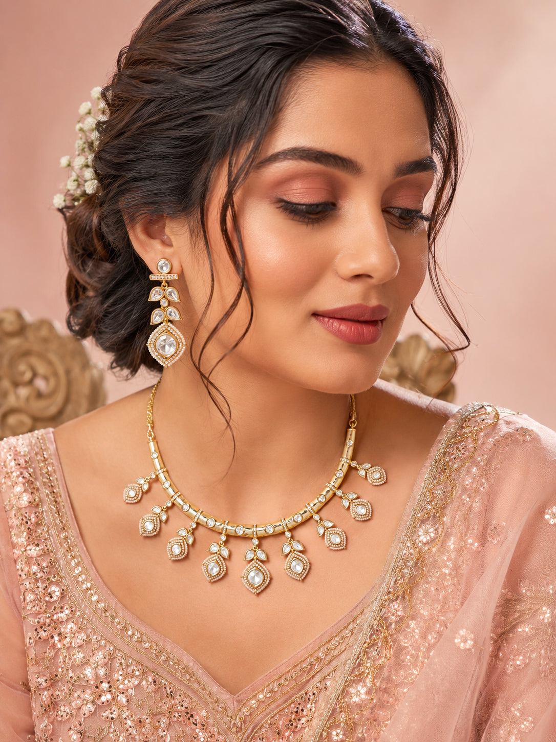 Aanura Peacock Green Kundan Necklace & Earrings Set
