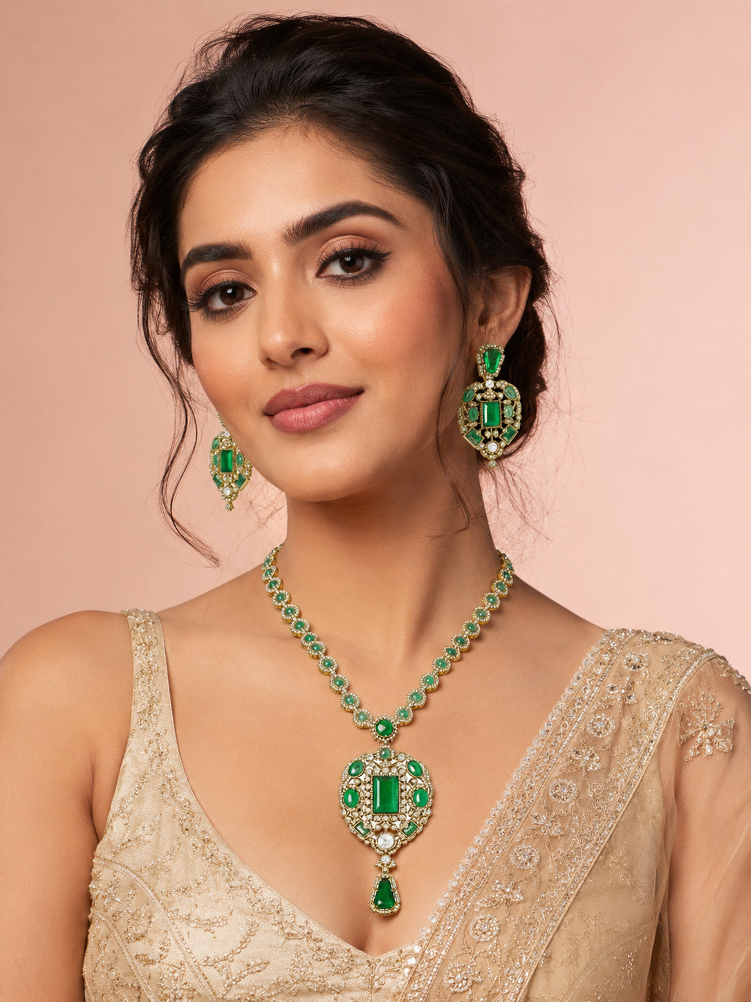 Aanura Red Stone Antique Kundan Necklace & Earrings