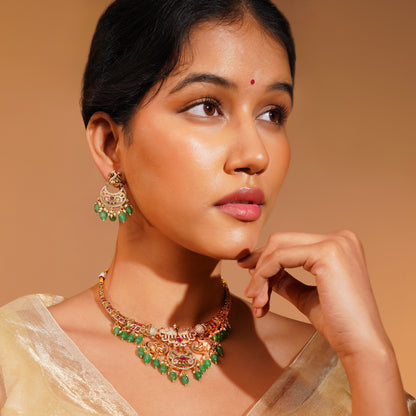 Aanura Gold Plated Temple Necklace & Earring Set