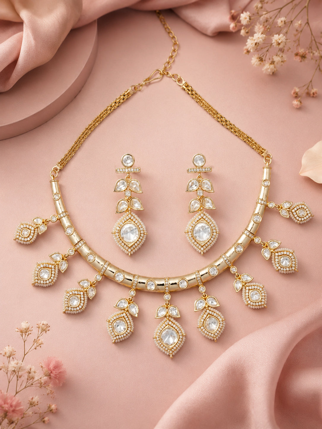 Aanura Peacock Green Kundan Necklace & Earrings Set