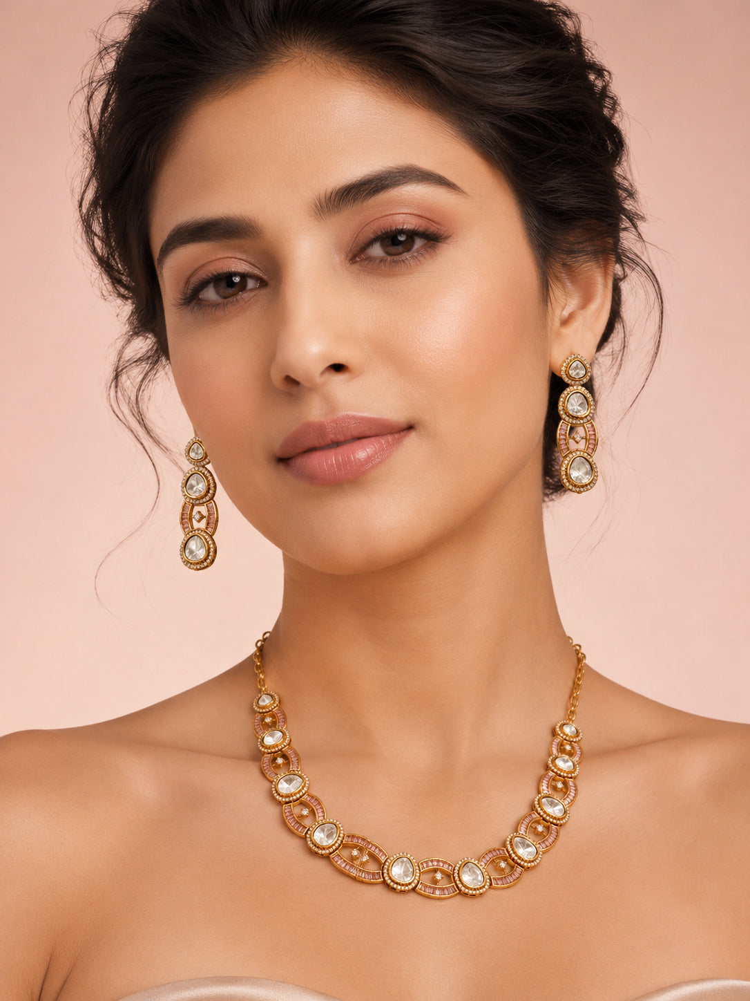Aanura Oval Kundan Linked Necklace & Earrings