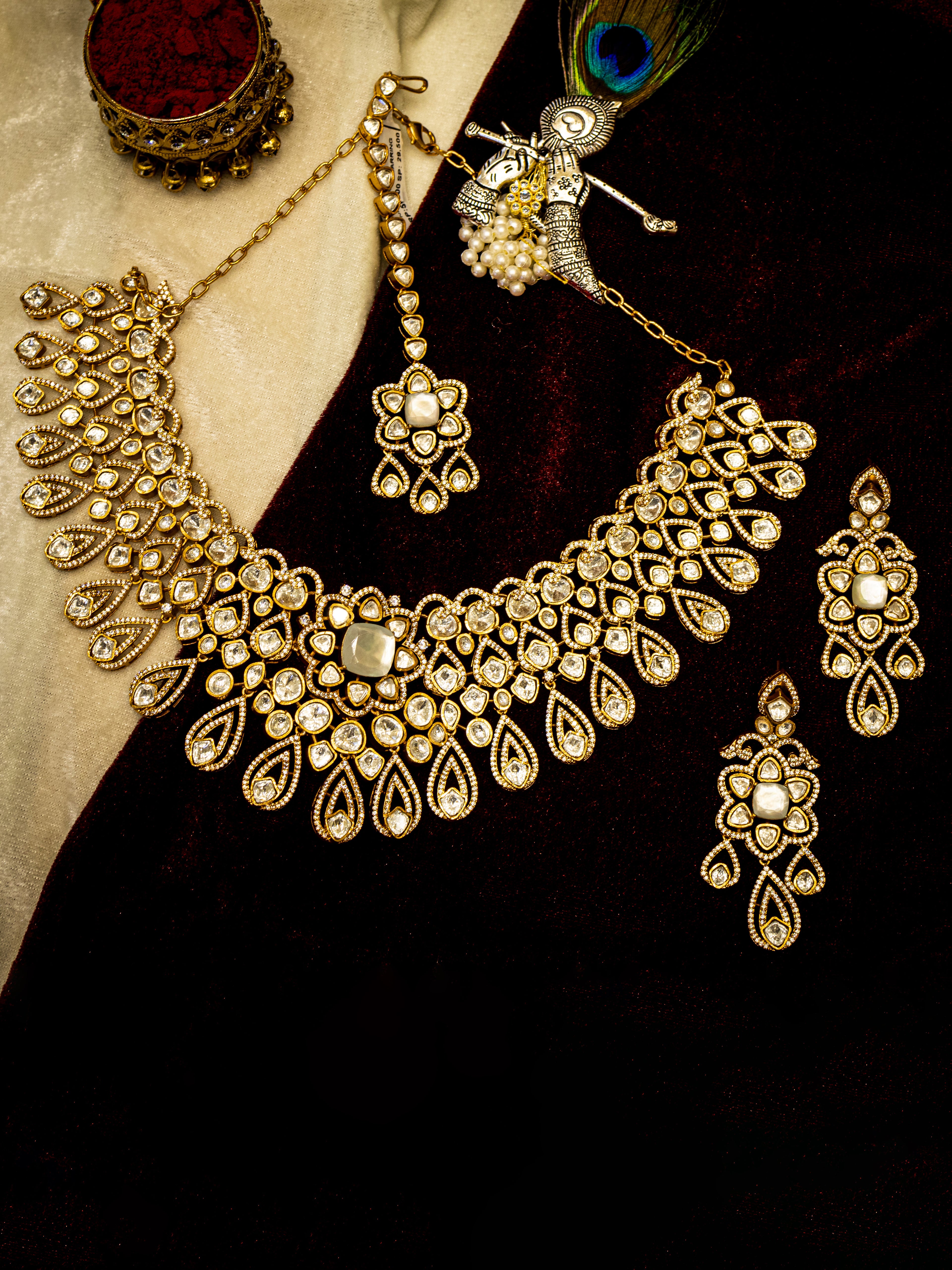 Aanura Bridal Emerald Kundan Necklace with Tikka Set
