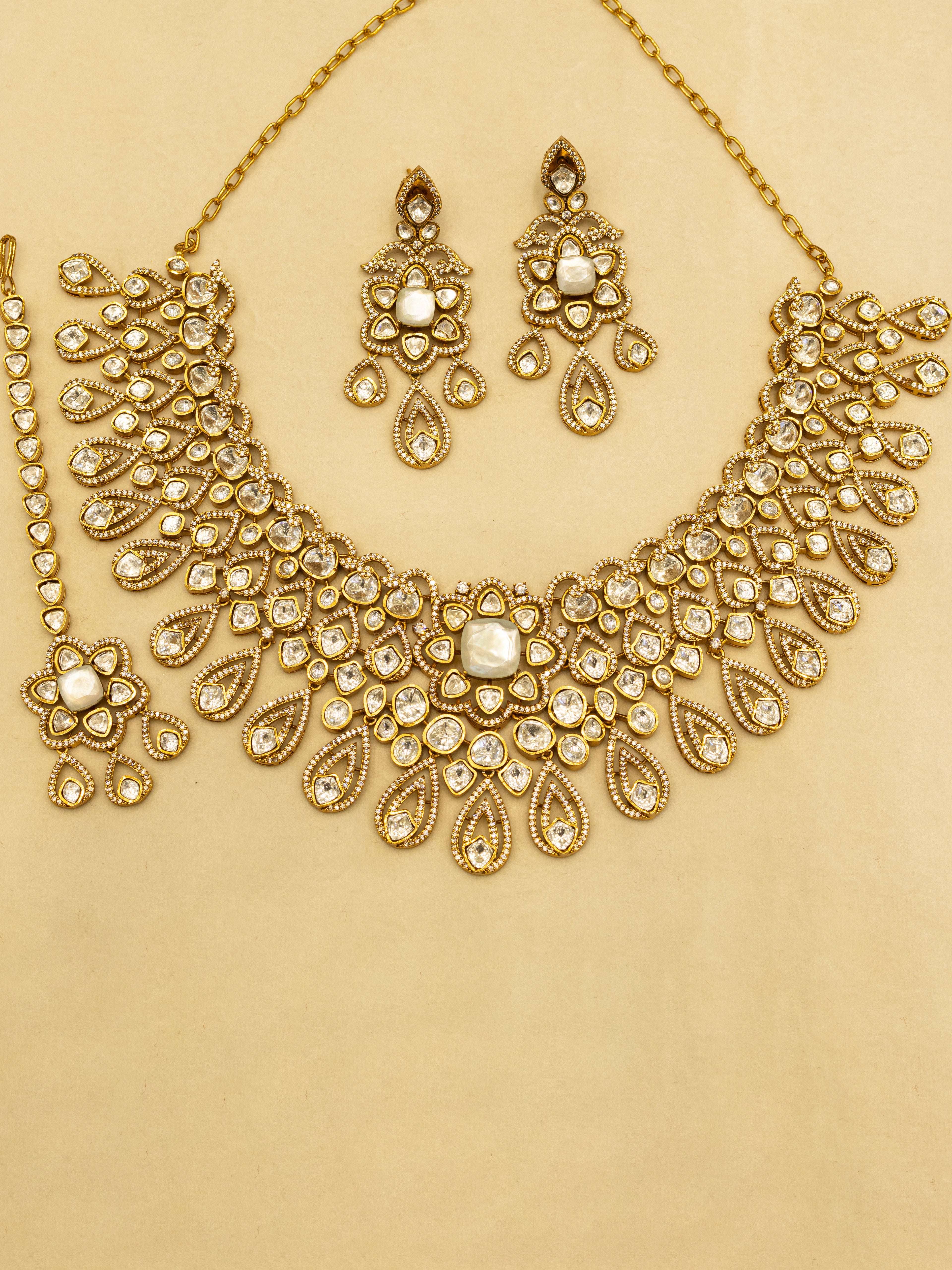 Aanura Bridal Emerald Kundan Necklace with Tikka Set