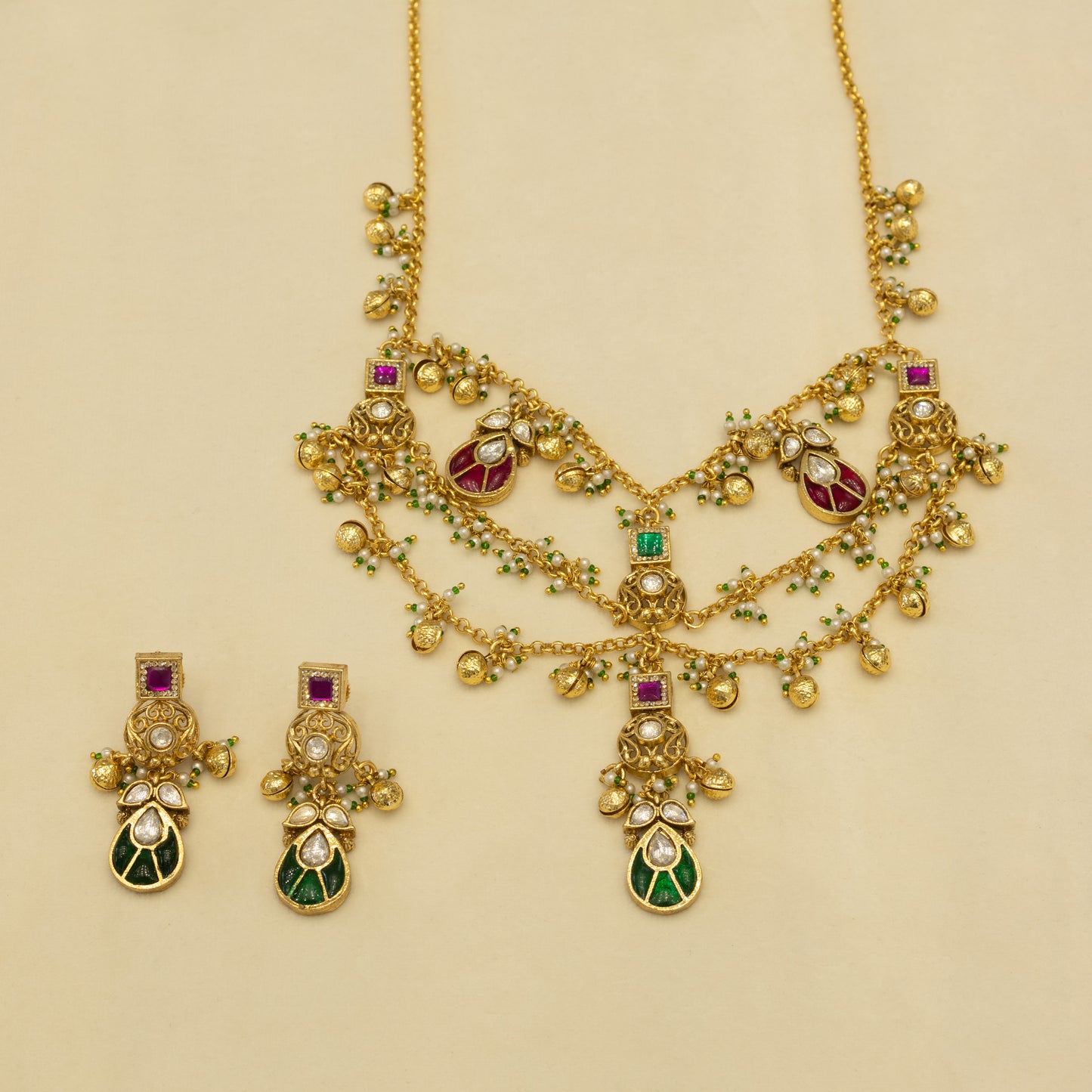 Aanura Layered Antique Necklace with Ruby Drops