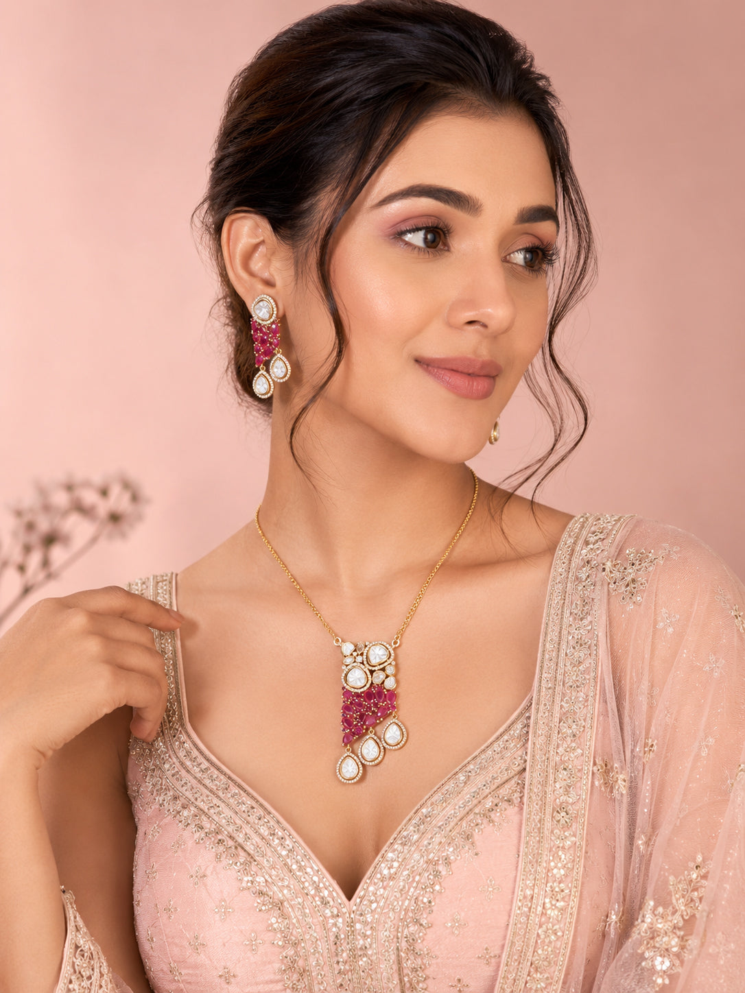 Aanura Ruby & Kundan Long Pendant Necklace Set with Earrings