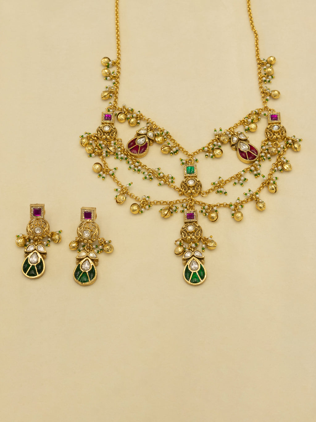 Aanura Layered Antique Necklace with Ruby Drops