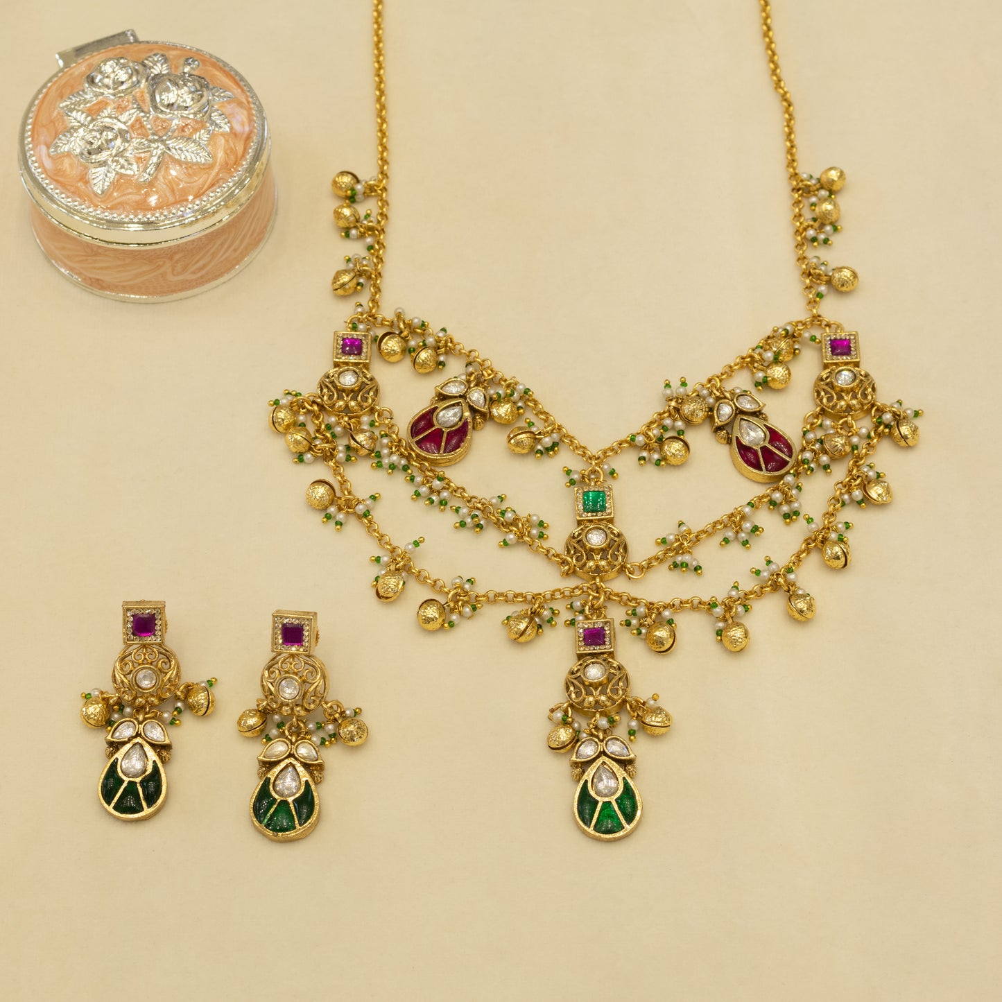 Aanura Layered Antique Necklace with Ruby Drops
