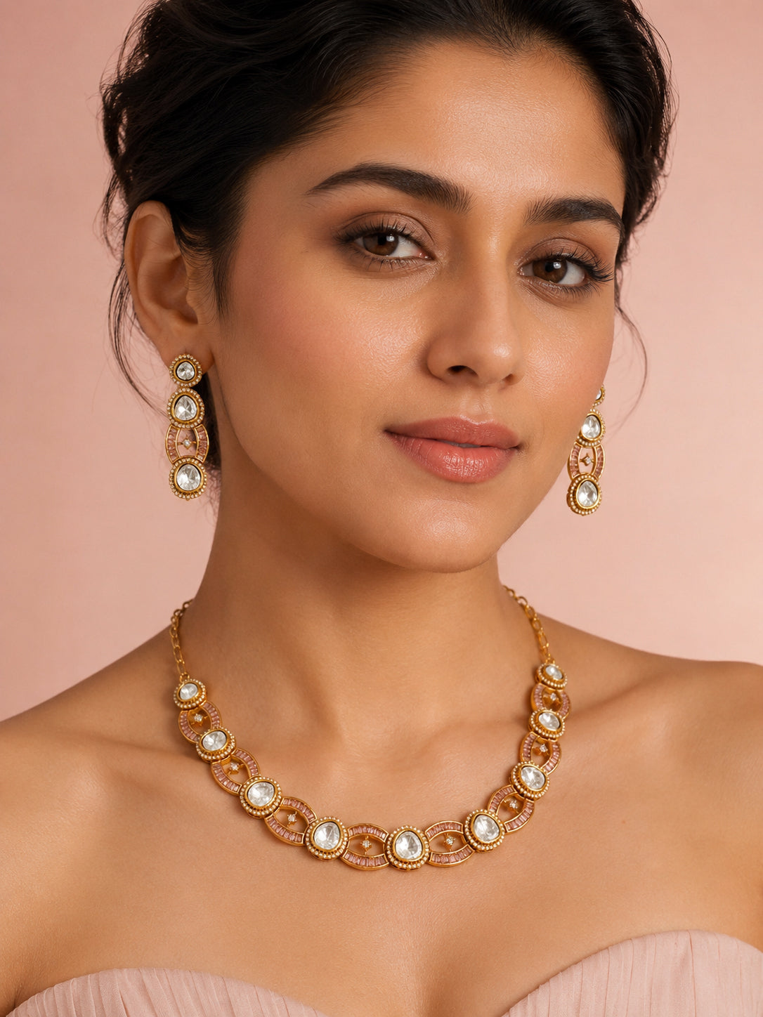 Aanura Oval Kundan Linked Necklace & Earrings