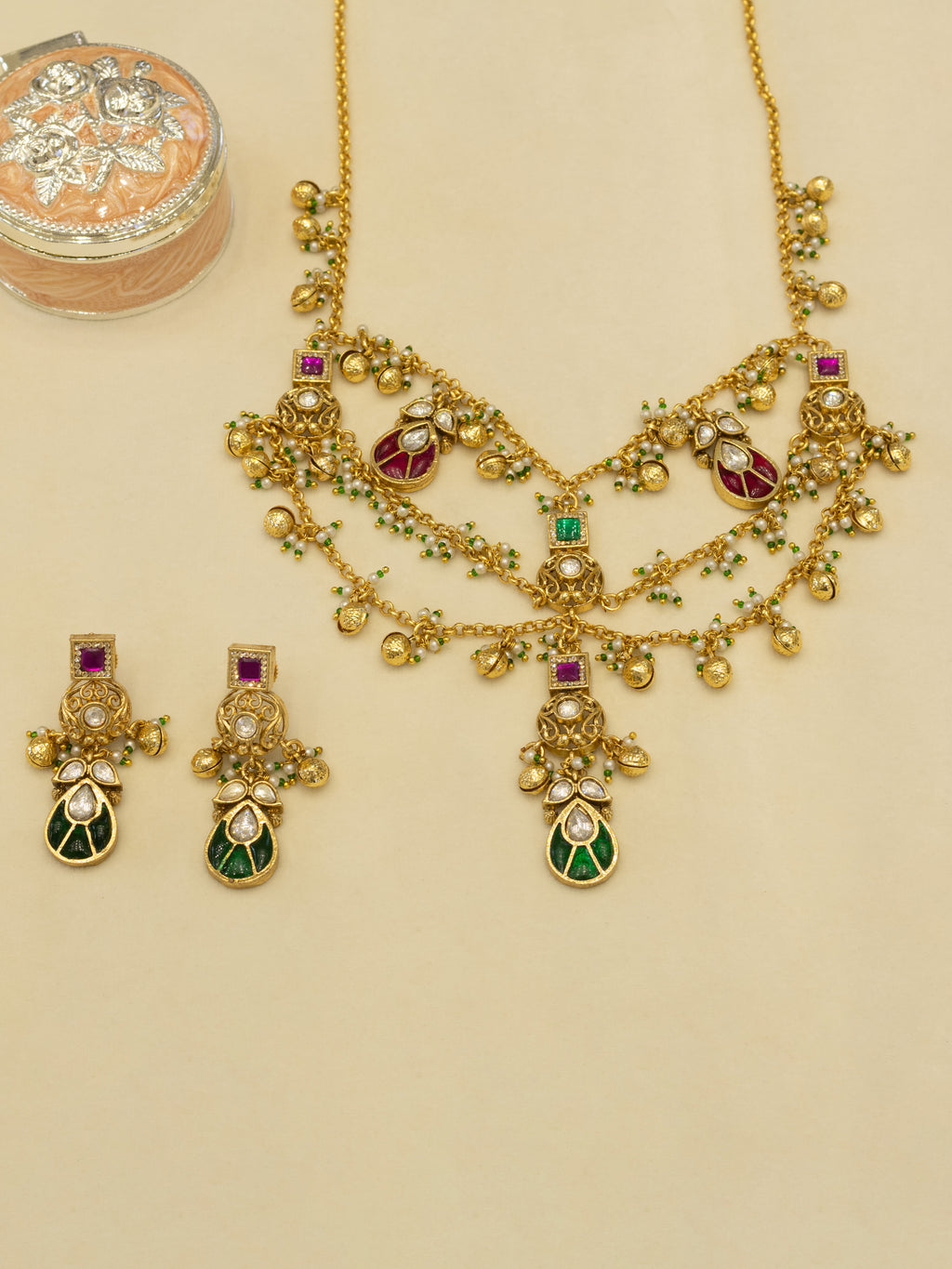 Aanura Layered Antique Necklace with Ruby Drops