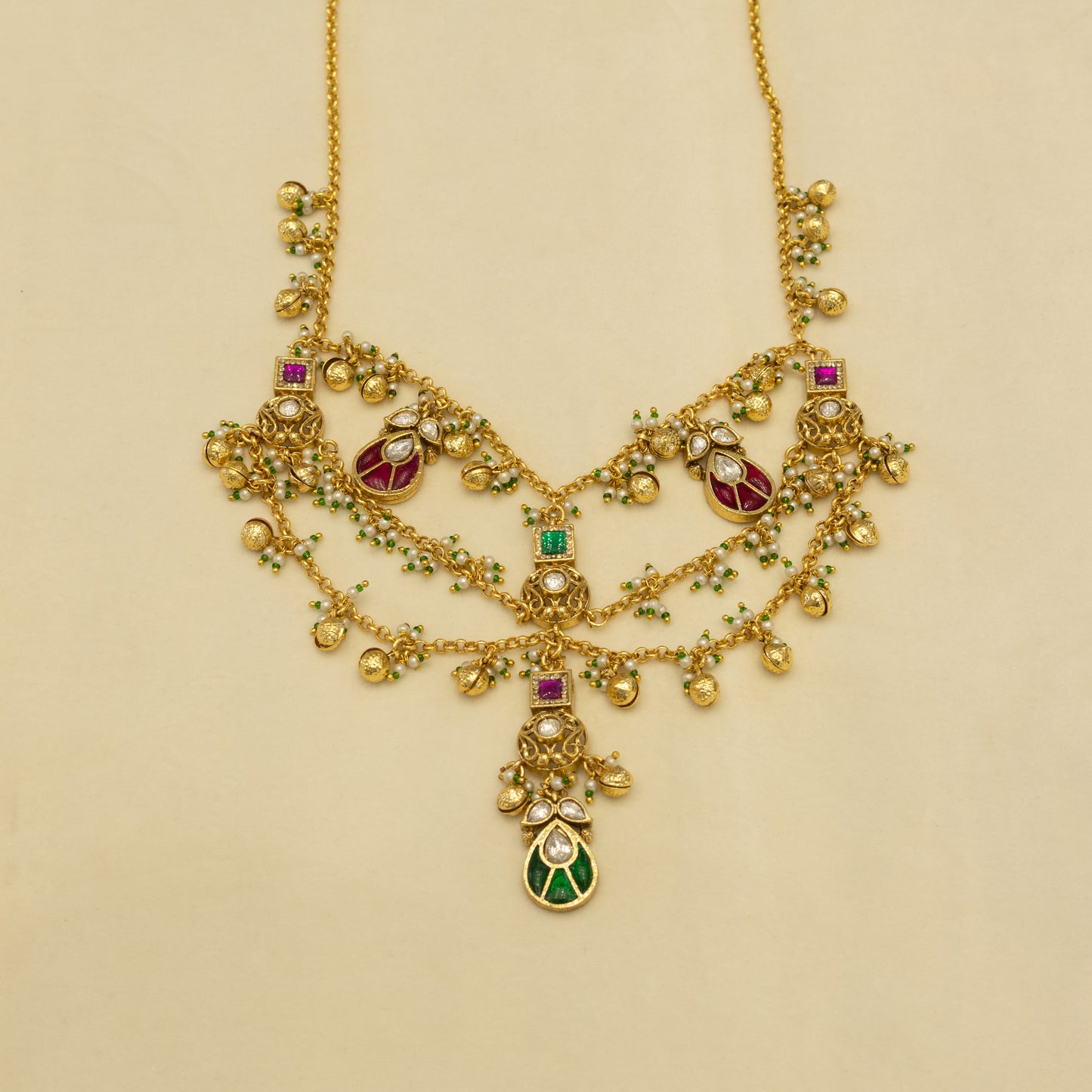 Aanura Layered Antique Necklace with Ruby Drops