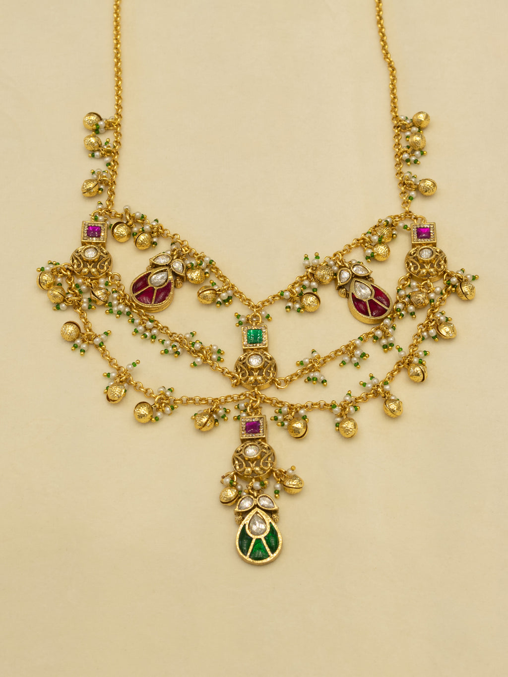 Aanura Layered Antique Necklace with Ruby Drops