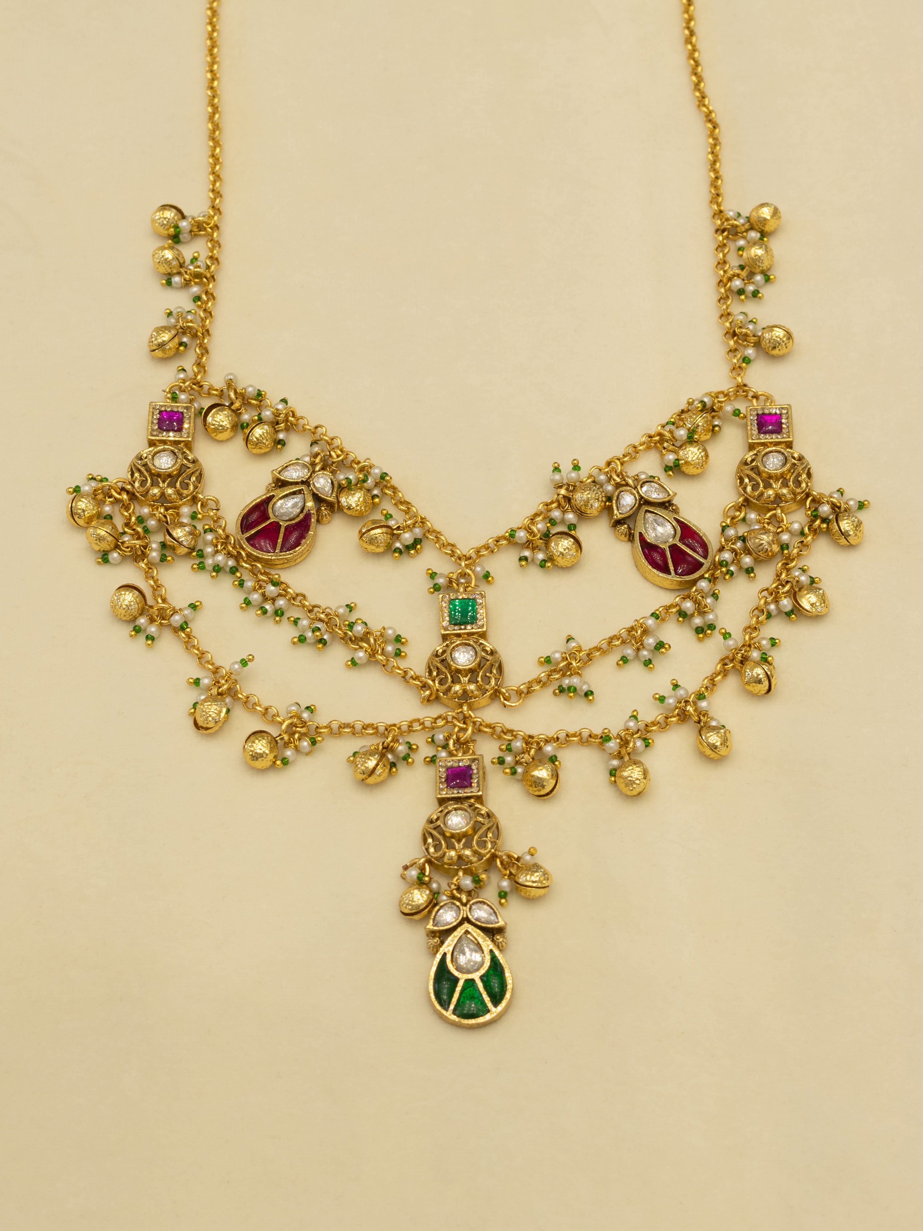 Aanura Layered Antique Necklace with Ruby Drops
