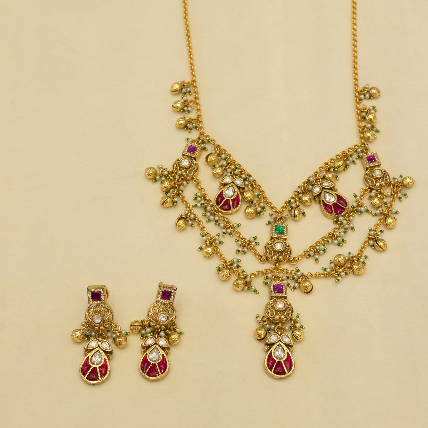 Aanura Layered Antique Necklace with Ruby Drops