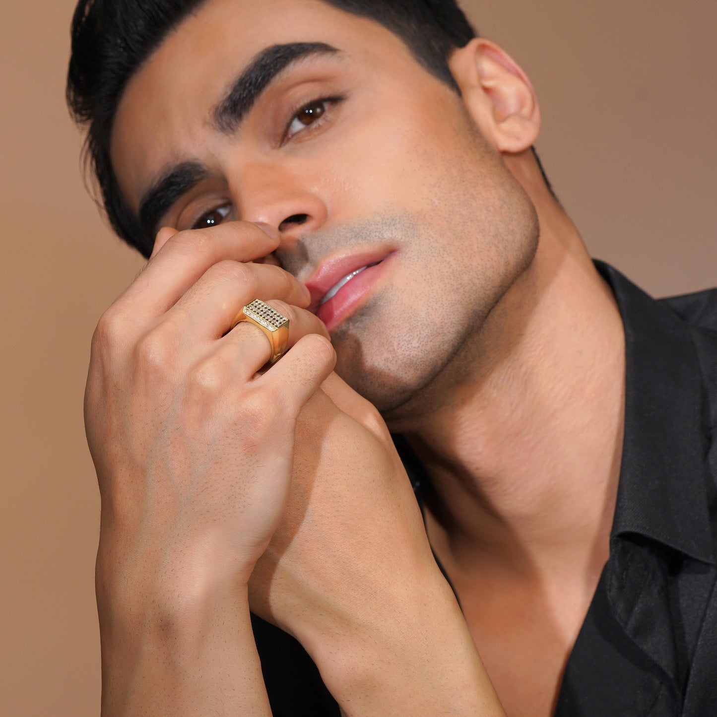 Aanura Gold-Plated Crystal Grid Ring For Men's