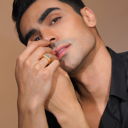 Aanura Gold-Plated Crystal Grid Ring For Men's