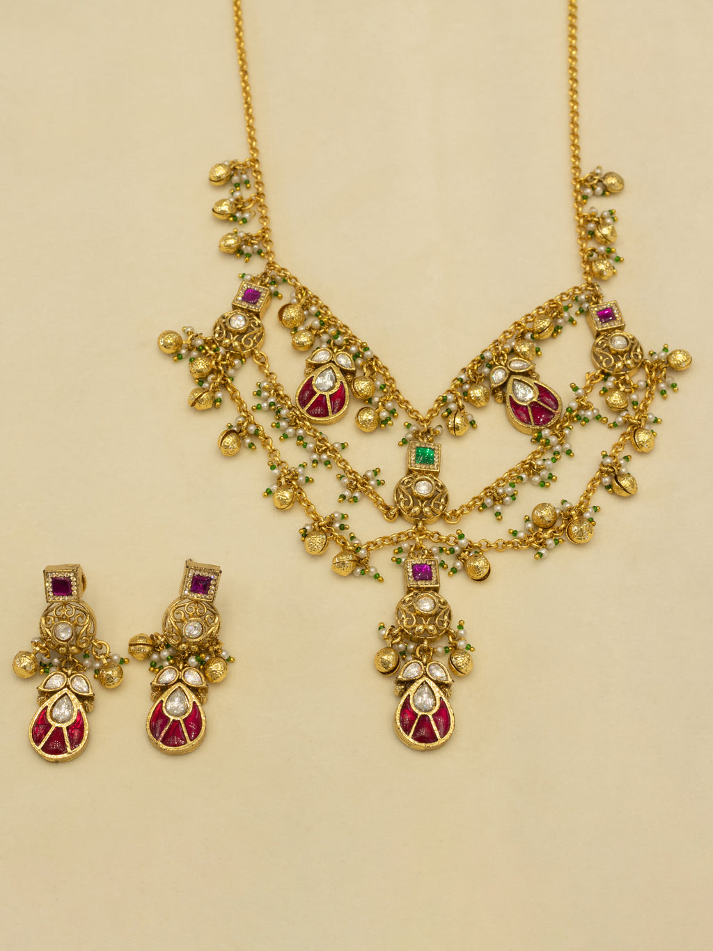 Aanura Layered Antique Necklace with Ruby Drops