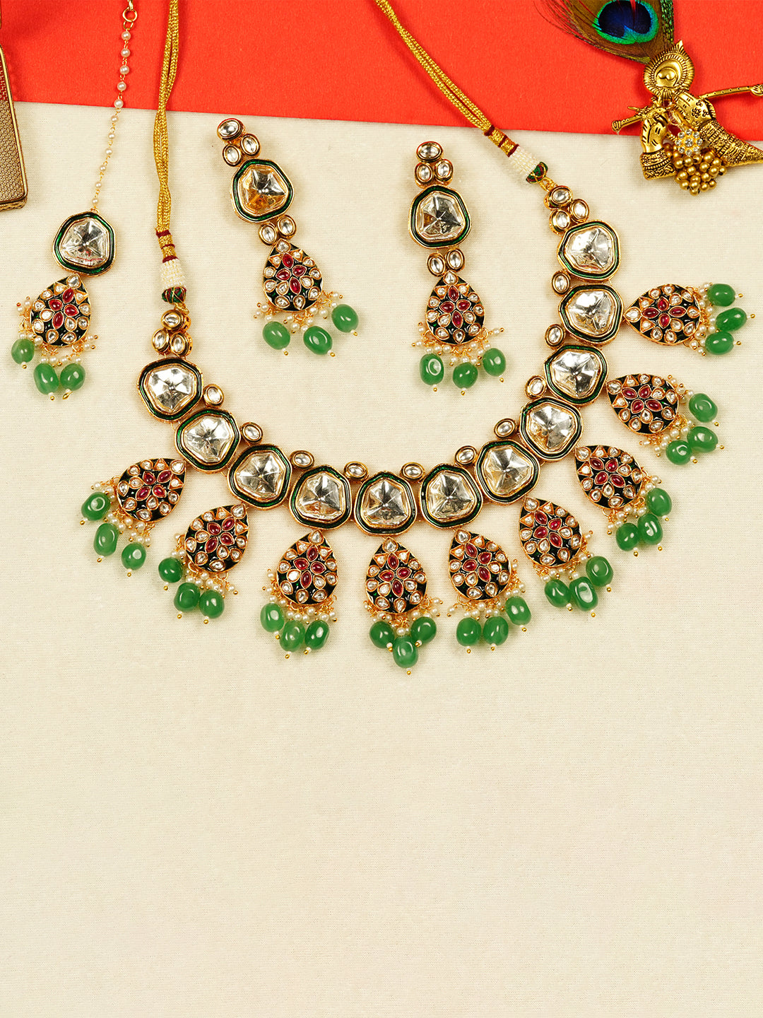 Aanura Gold Traditional Necklace Set With Earrings
