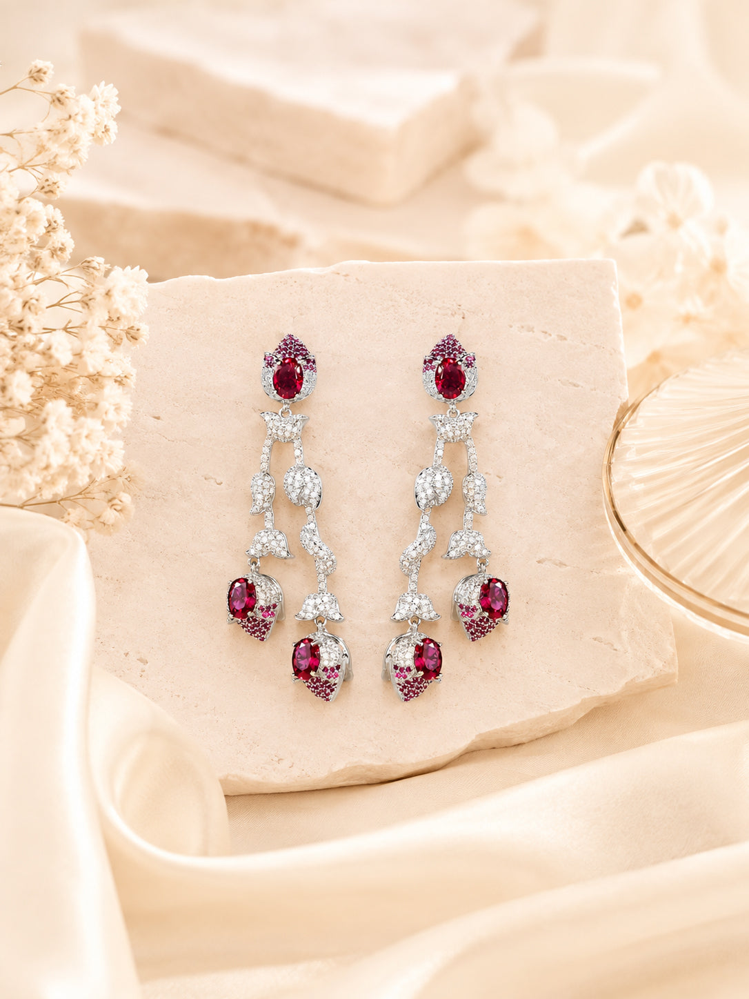 Aanura Silver Ruby Dangle Statement Earrings