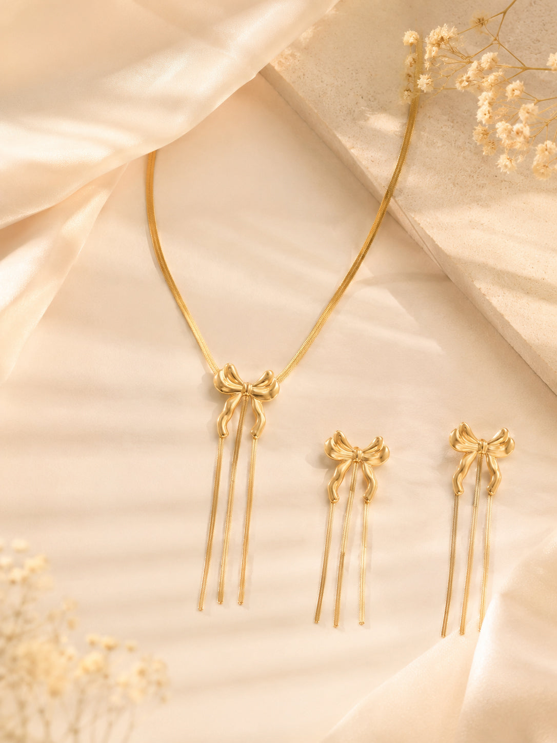 Aanura Golden Ribbon Bow Necklace & Earrings Set