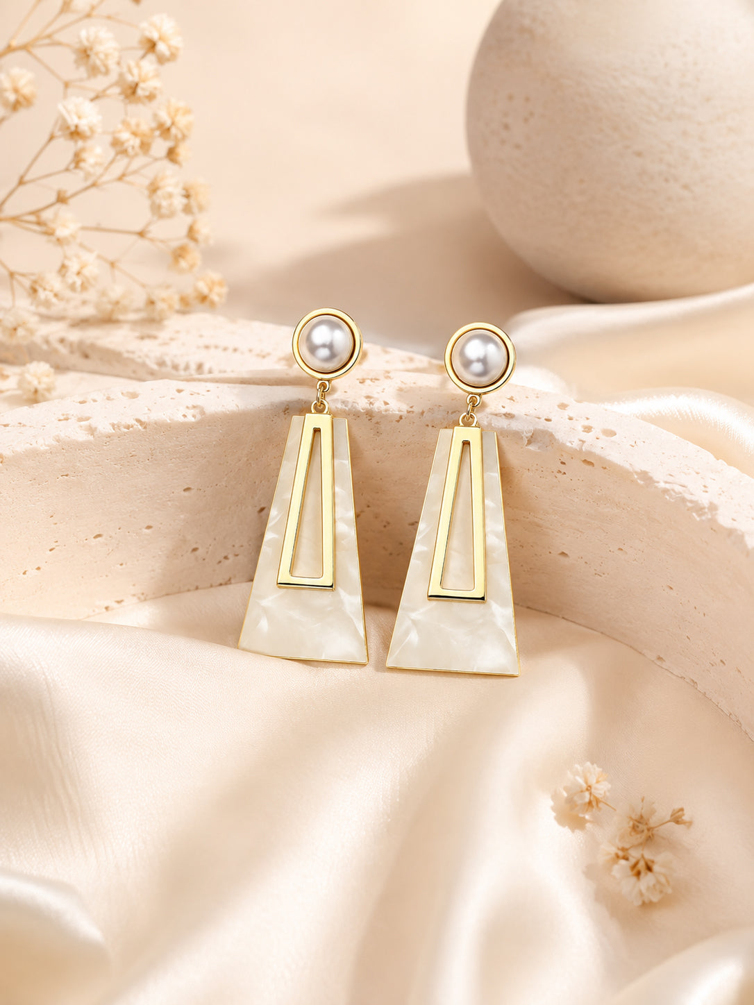 Aanura Pearl Geometric White Gold Drop Earrings