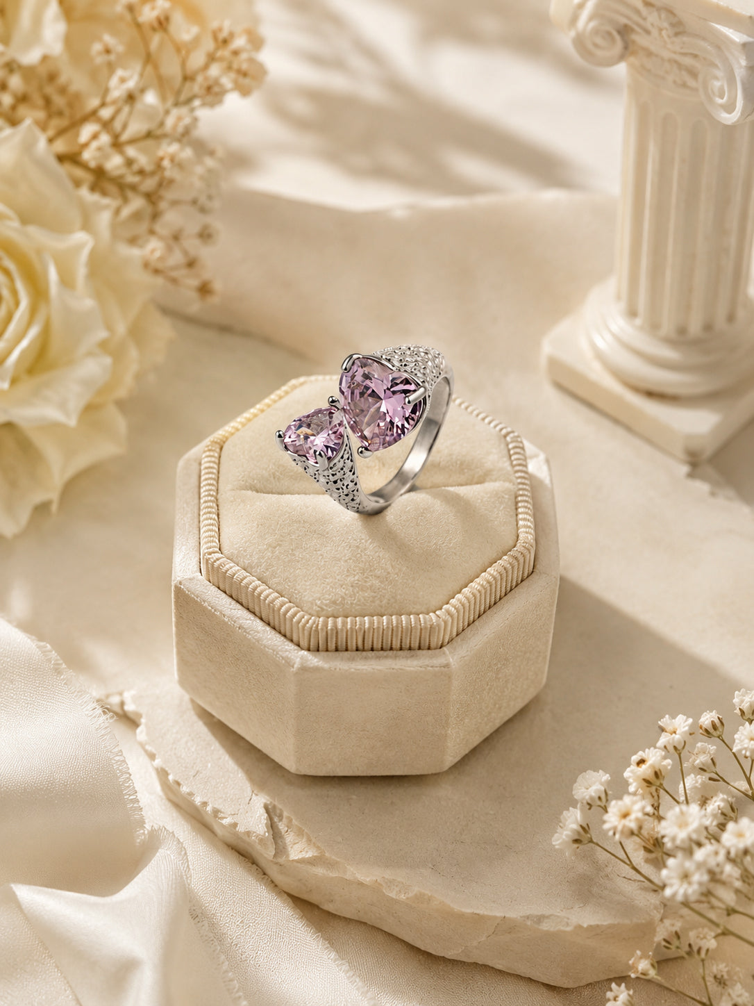 Rhodium Plated Pink Twin Heart Crystal Ring