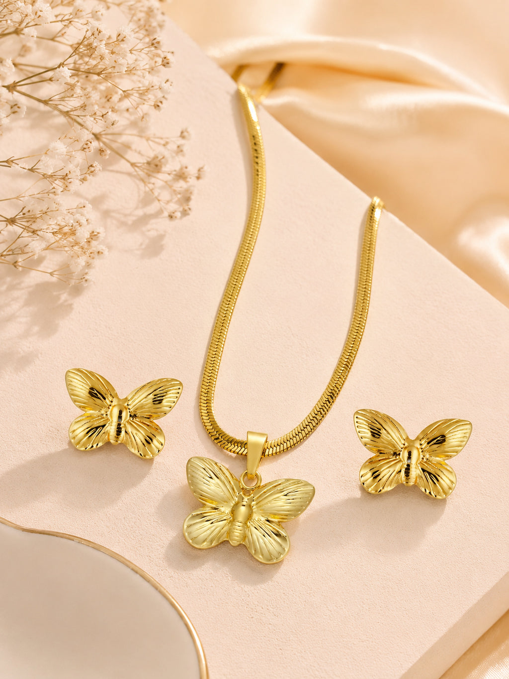 Butterfly Snake Chain Pendant & Stud Set in 18K Gold Plating