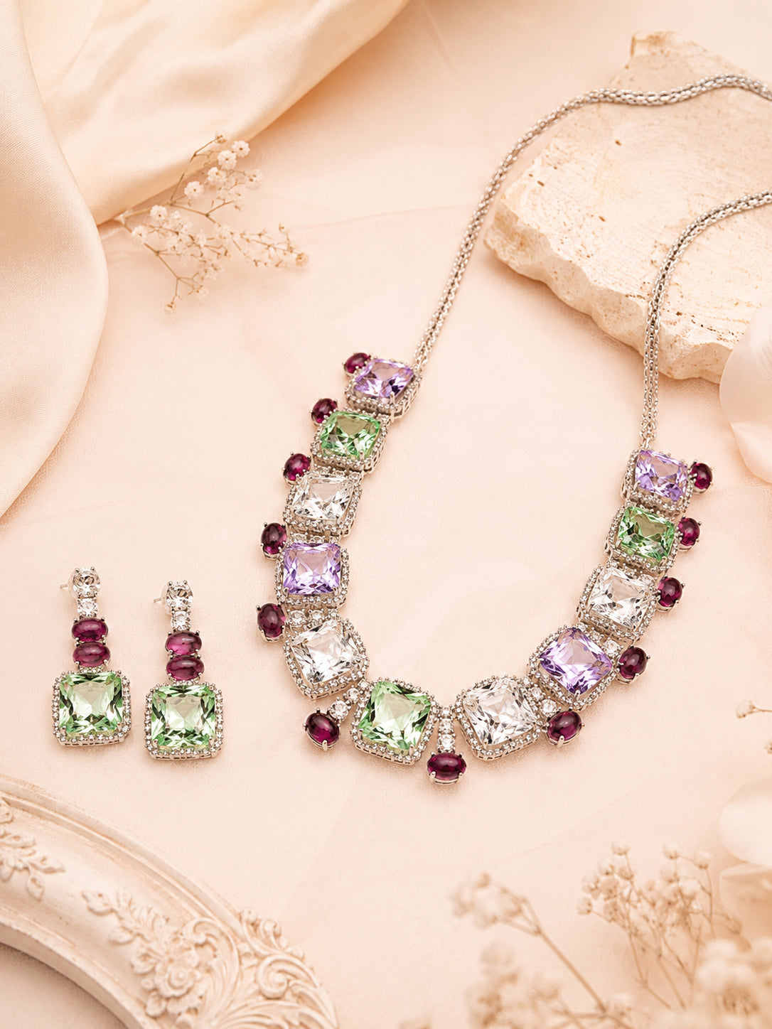 Aanura Multicolor Square Crystal Necklace Set Stainless