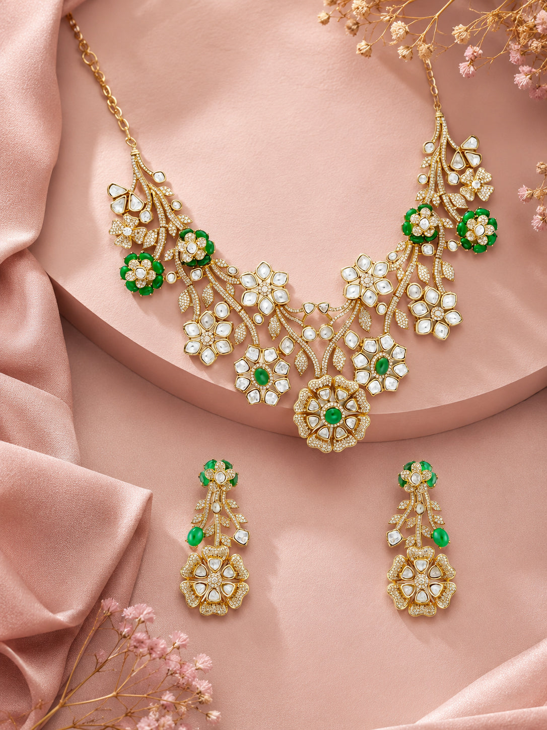 Aanura Floral Kundan Bridal Necklace Set with Earrings