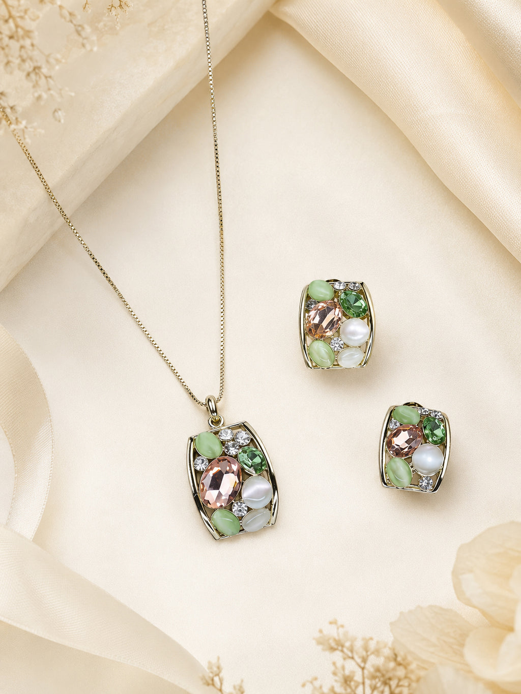 Aanura Pastel Green Peach Rectangular Necklace & Earrings