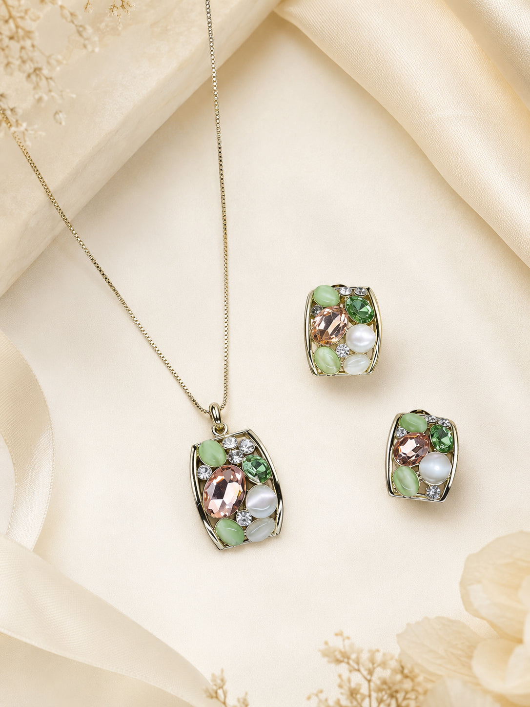 Aanura Pastel Green Peach Rectangular Necklace & Earrings