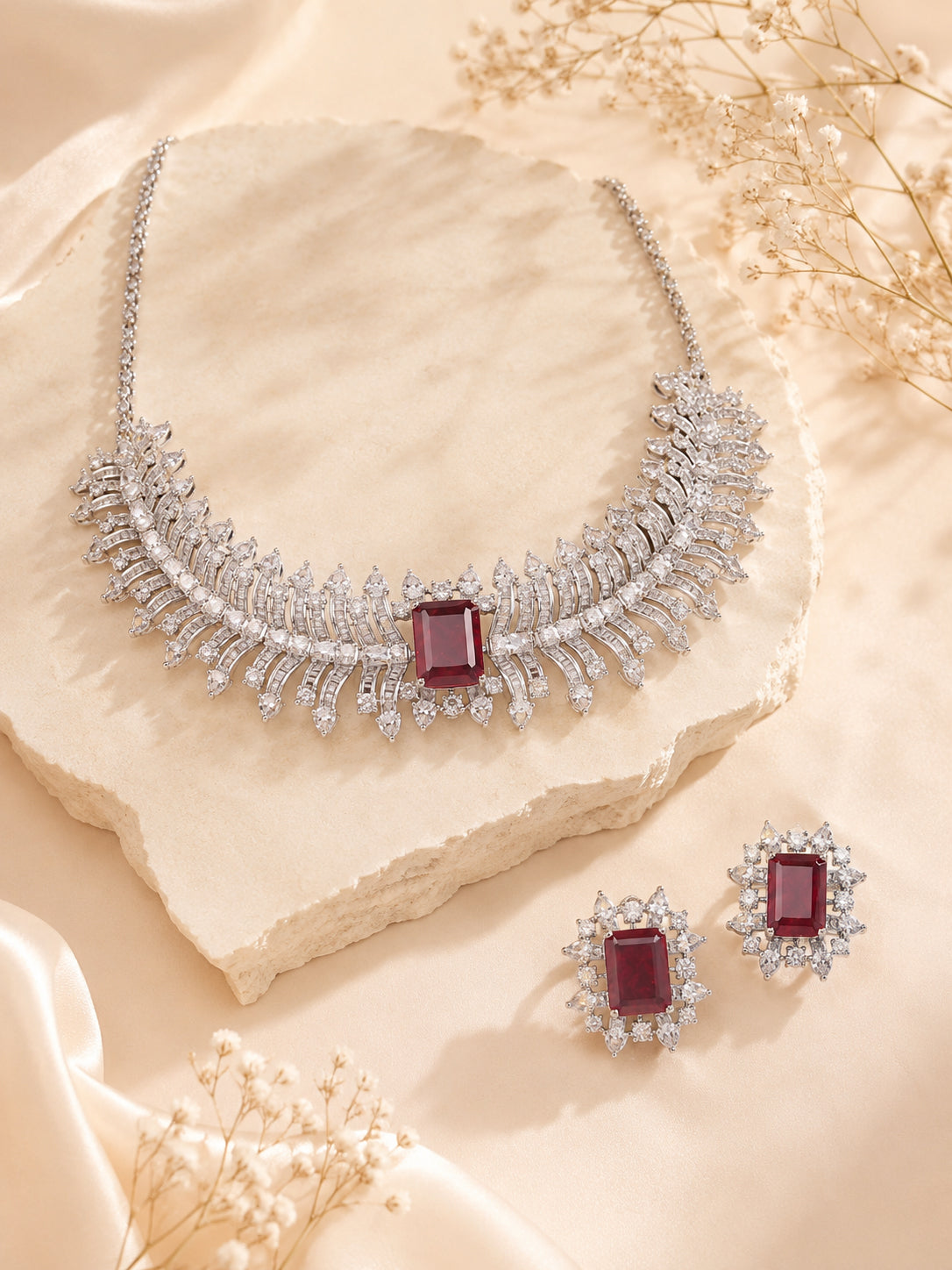 Aanura Ruby Emerald-Cut Necklace Set in Stainless Steel