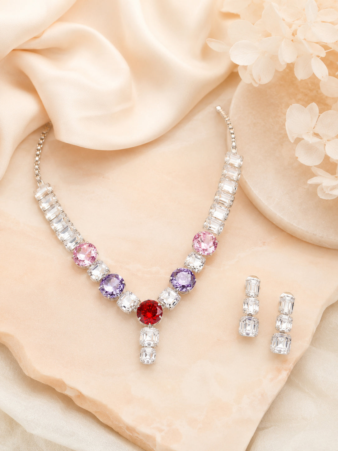 Aanura Red Center Multicolor Crystal Necklace