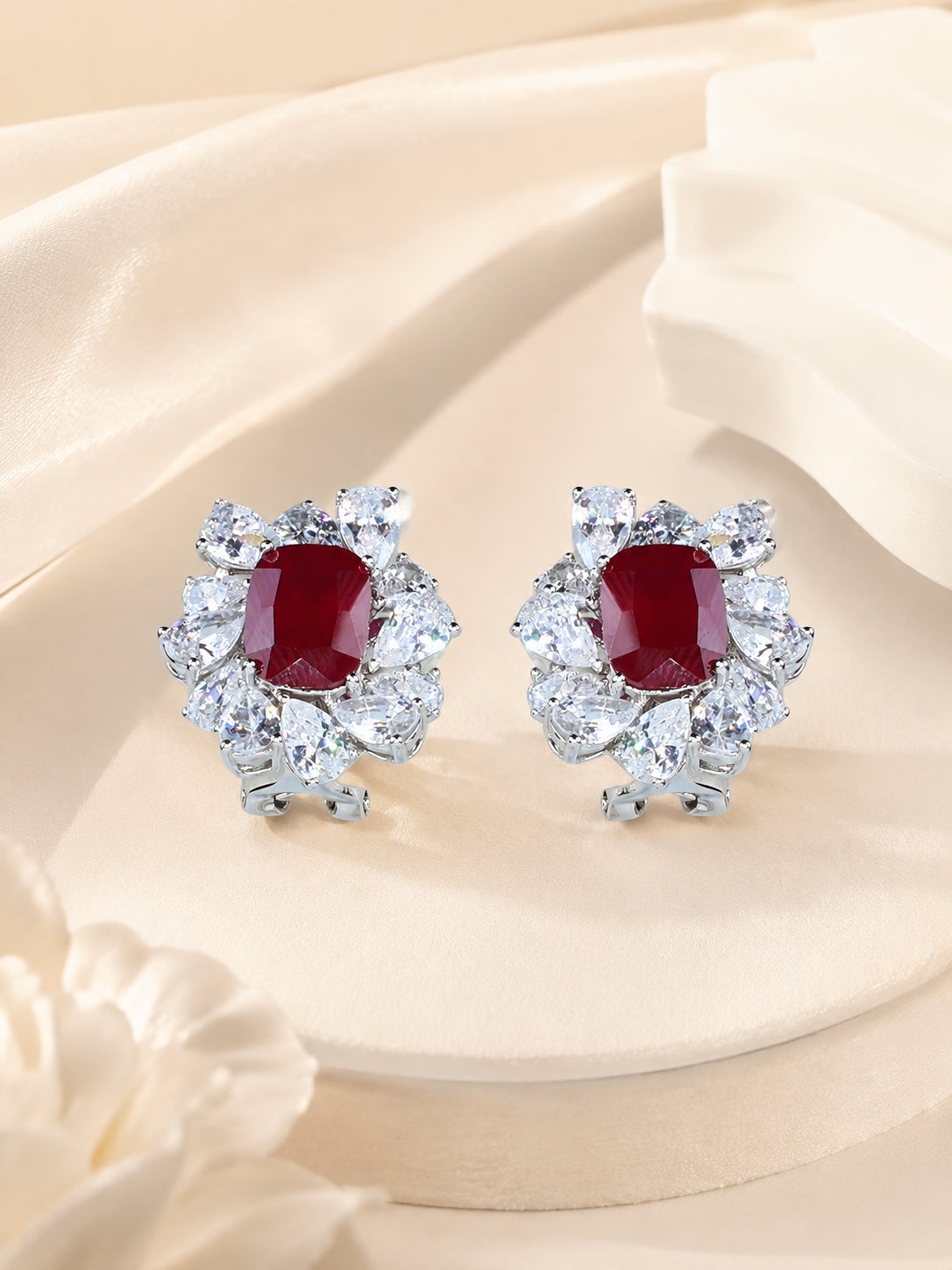 Aanura Red Gemstone Floral Halo Stud Earrings